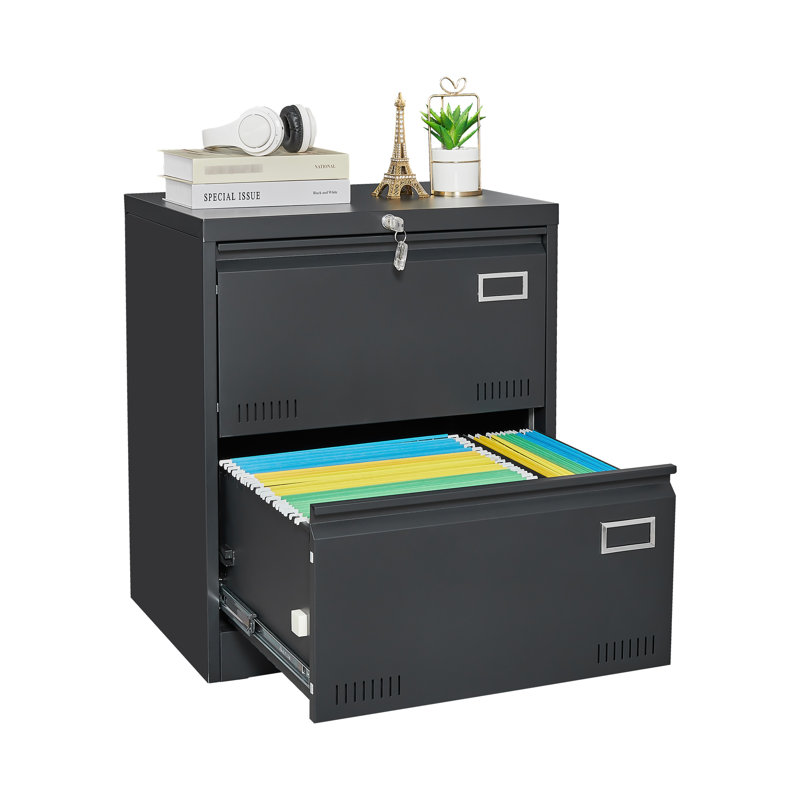 Locked Metal File Cabinet For Office Use - 2 Drawer, Black, Widened Drawers Better Handling Drawer Design Efficient