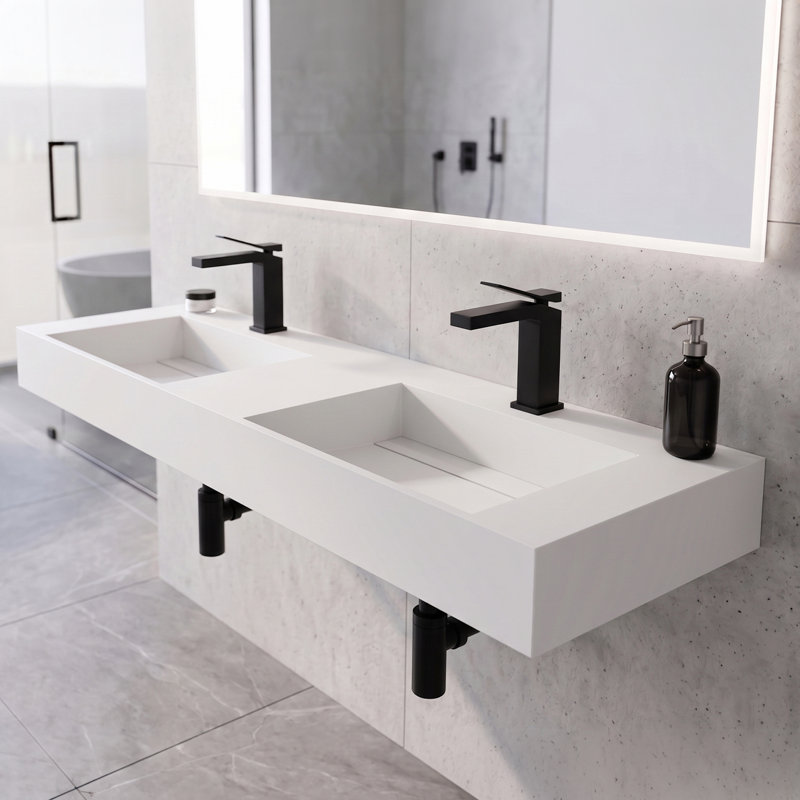 Juniper 60" Rectangular Modern Wall Mounted Bathroom Sink with Concealed Drain Plate - White, White, Single