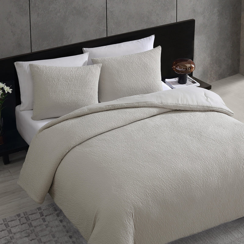 Vera Wang Puckered Texture Cotton Grey Duvet Cover Set, Queen Comforter + 2 Standard Pillow Shams
