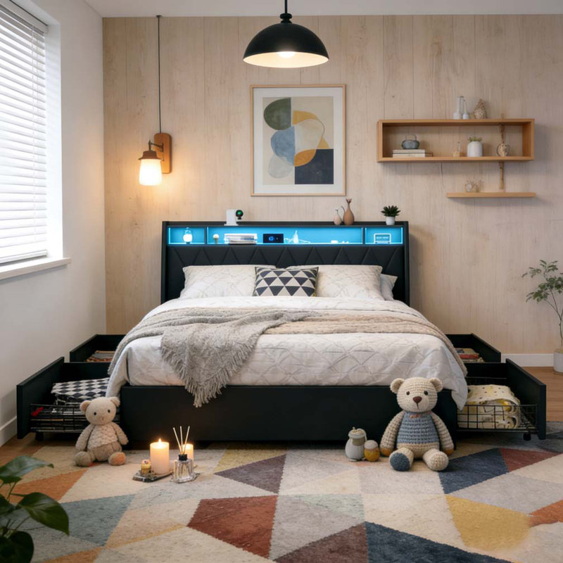 Cadre de grand lit avec tête de lit ergonomique, cadre de lit plateforme grand avec prises et chargeur et lumière DEL, Noir