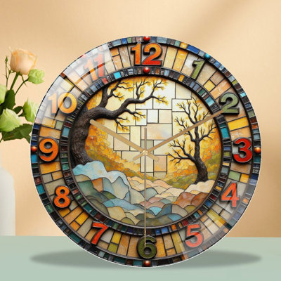 Horloge murale vitrail avec art de paysage artistique - Horloge murale moderne en verre 12 po
