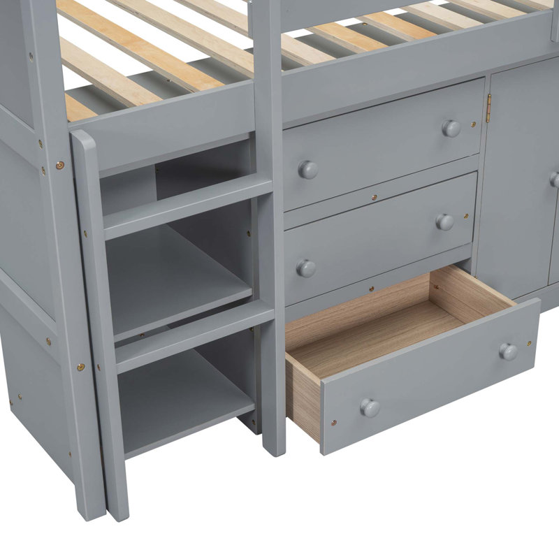Lit mezzanine bas avec bureau coulissant, tiroirs, armoire et tablettes, gris