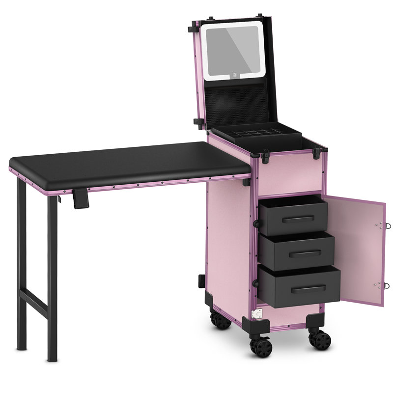 Rolling Portable Manicure Table With 3 Drawers, Mirror & Nail Polish Organizer, Lockable Makeup Train Case With Foldable Nail Desk