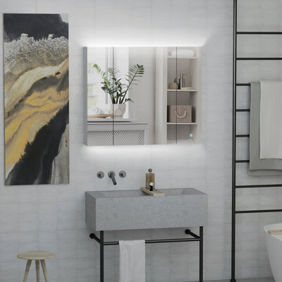 Armoire à pharmacie à DEL, organisateur de miroir de meuble-lavabo mural 35,5 po x 29,5 po avec gradateur tactile, trois portes et charge USB