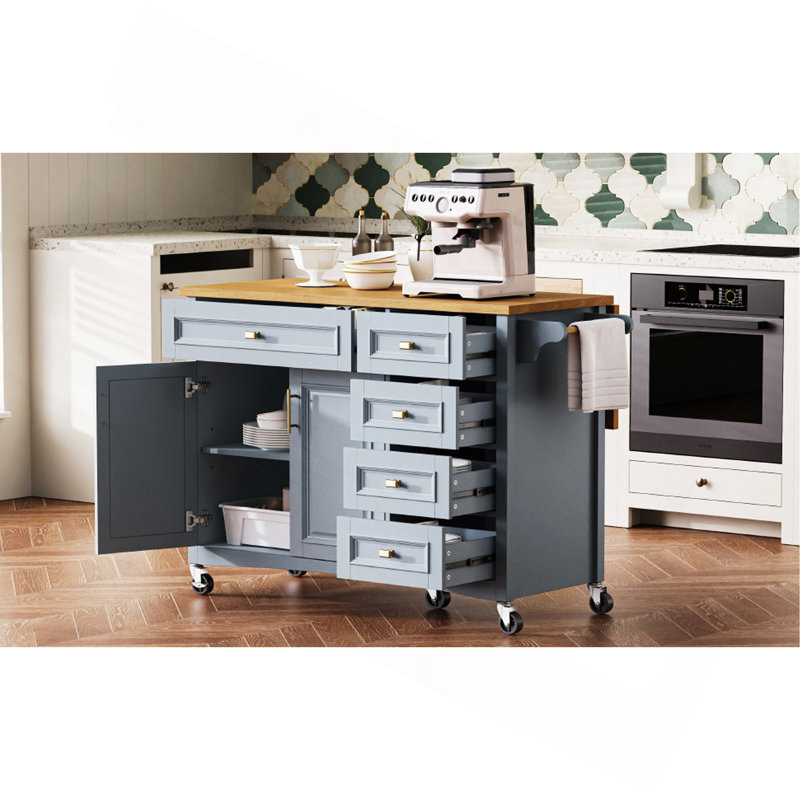 52'' Kitchen Island With Drop Leaf, Embossed Texture Kitchen Island On Wheels With Spice Rack, Towel Rack, 2 Doors And 5 Drawers, Kitchen Storage Cart With Adjustable Shelf For Kitchen