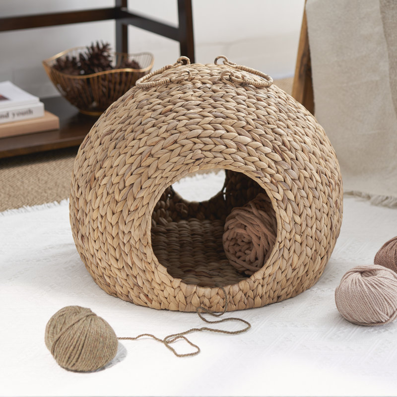 Natural Brown Water Hyacinth Woven Round Cat Bed Cave with Handles