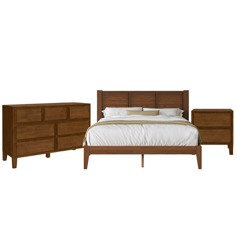 Ensemble de chambre à coucher Knighten, Trois pièces : Lit, table de chevet et commode, Très grand lit, Noyer foncé