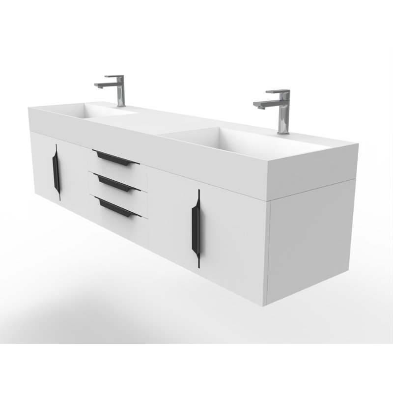 Ensemble de meuble-lavabo mural simple l 72 po Clelie, Blanc, Blanc, Noir