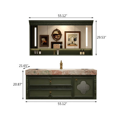Green Solid Rubber Wood Wall-Mounted Bathroom Vanity with Smart Mirror Cabinet