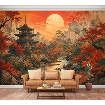 Wall Mural Peel and Stick Wallpaper Serene Japanese Landscape Pagoda Autumn Trees Self-Adhesive Removable Contact Paper Wall Decor for Living Room Bedroom 100"H x 144"W
