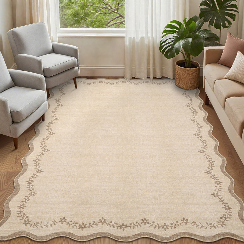 Floral Scalloped Non Slip Washable Area Rug for Living Room Bedroom, Low Pile  Thin Solid Home Decor Carpet, Beige