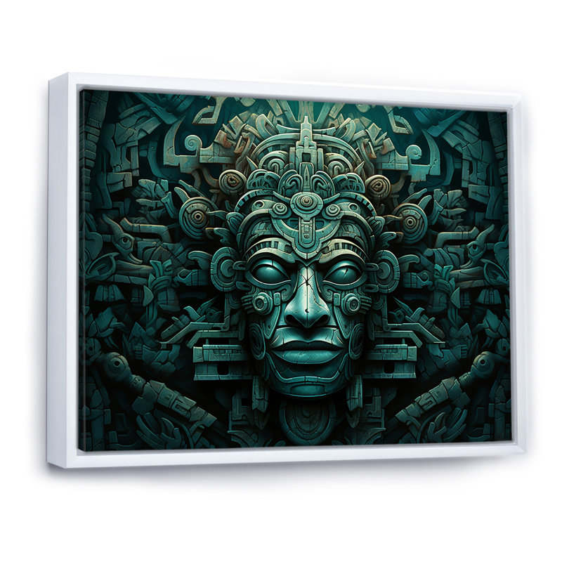 Masque maya magique aztèque - art mural mexicain, salon, H 30 po x l 40 po x P 1,5 po, Cadre flottant blanc