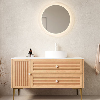 Meuble-lavabo 48 po avec lavabo rond en céramique blanc brillant de 16 po, comptoir, armoire de rangement en contreplaqué, conception en chêne, 2 tiroirs, 1 porte, système de rangement à fermeture en douceur, fonction