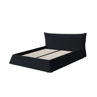 Queen Size Upholstered Platform Bed with Special Shaped Velvet  Headboard, Metal & Solid Wood Frame,Black