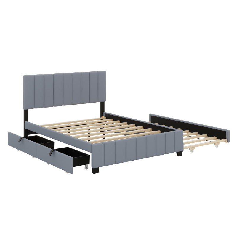 Lit plateforme tapissier avec 2 tiroirs et lit gigogne, gris