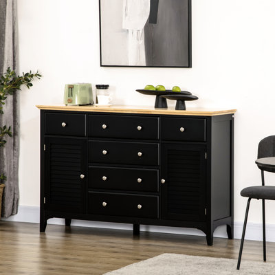 Sideboard Cabinet For Kitchen, Black Finish, With Storage Drawers, Adjustable Shelves And Rubber Wood Buffet Cabinet, & Shelves, Suitable Any Space, Top