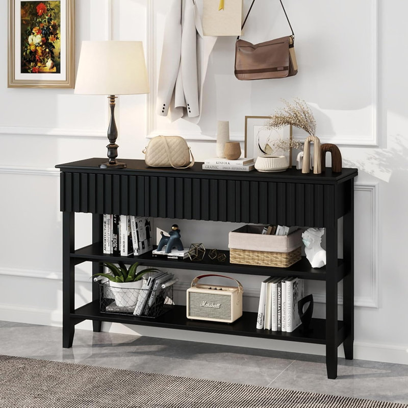 51.18" Console Table With 3 Drawers And Open Storage Shelf, Black