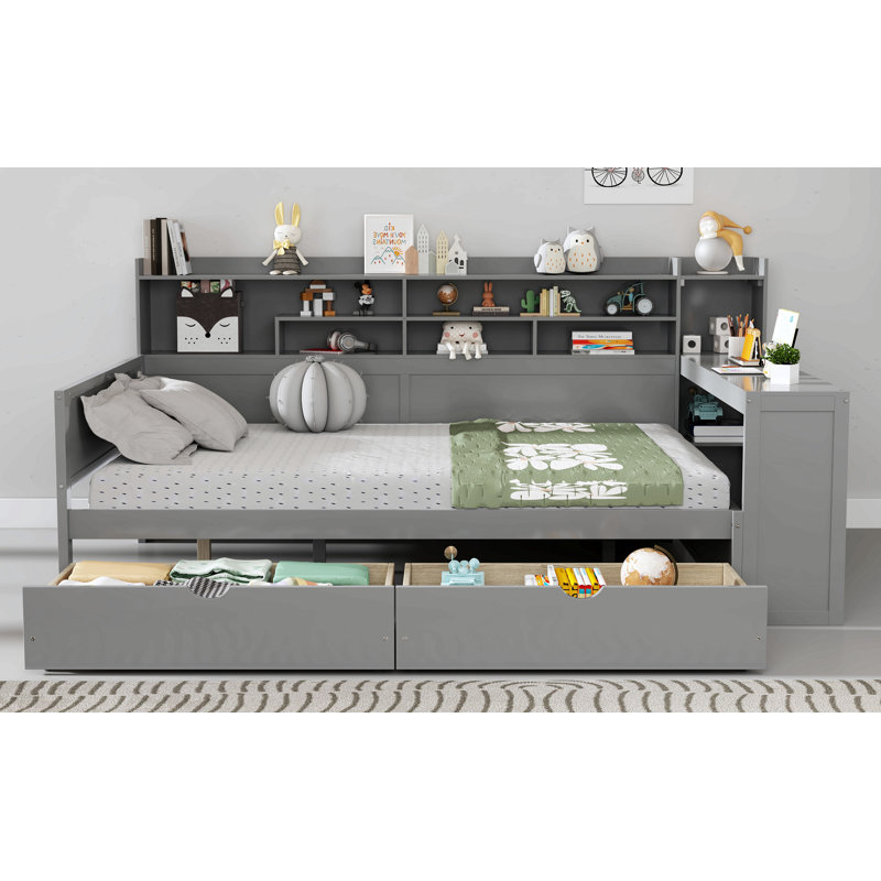 Lit de jour en bois avec tablettes de rangement, tiroirs et bureau Dexter, Gris, Double
