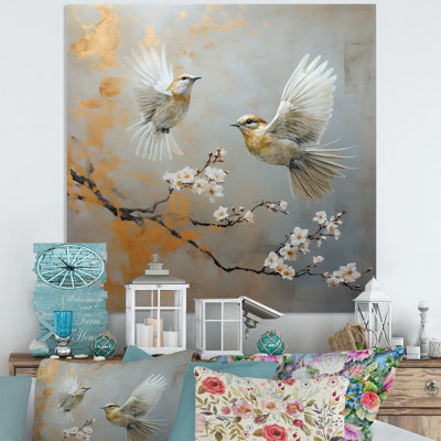 «Grey Birds Floral Serenity II», art mural oiseau en métal