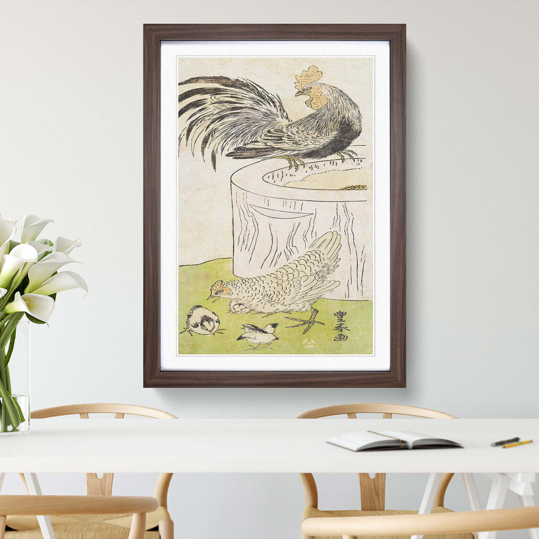 Cock with Hen & Chickens by Utagawa Toyoharu - Picture Frame Painting