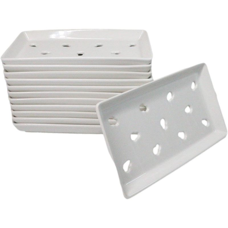 Pack Of 12 Ceramic White Neta Zara Sushi Case Plates With Drip Holes 9" By 5", 1.25" H x 9" W x 5.25" D