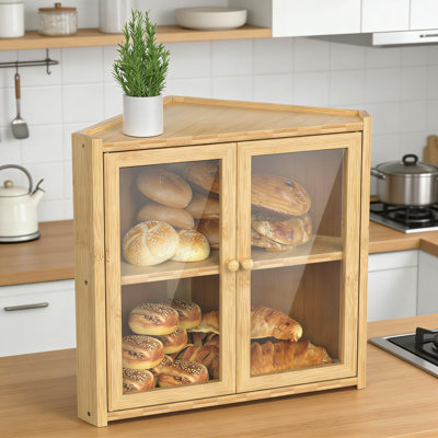 Boîte à pain de coin pour comptoir de cuisine, contenant de rangement en pain de bambou à double couche avec portes battantes, corbeille à pain d'angle compacte pour pain et pâtisseries maison