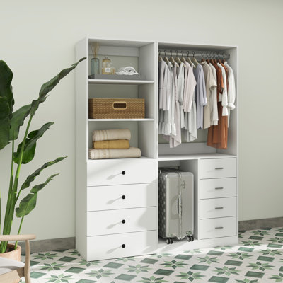 Alfonsina Closet Organizer System with Drawers and Hanging Rods, Open Wardrobe for Walk-in Closet with Multiple Shelves