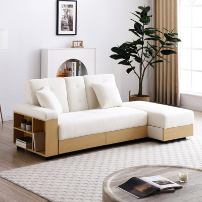 Multifunctional Convertible Bed With Storage , Arm Box, Drop Down Table, 2 Cup Holders, Cushions, Reversible Armrest, Beige, Soft Linen Upholstery, Wooden Frame For Living Room, Apartment Couch
