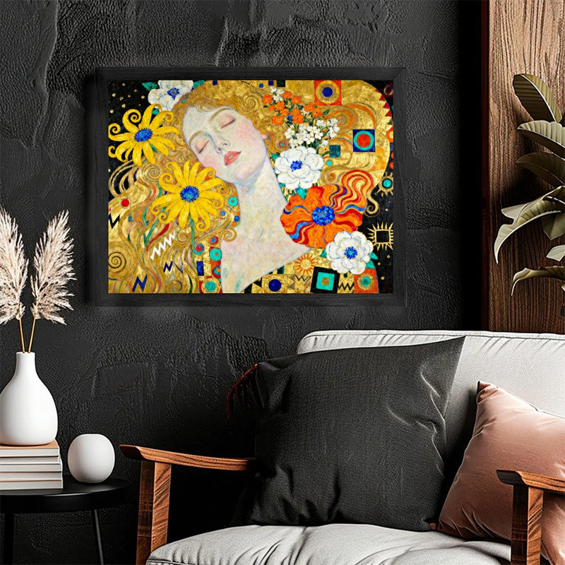 «Black Gustav Klimt», art abstrait avec femme et fleurs, H 37 po x l 25 po