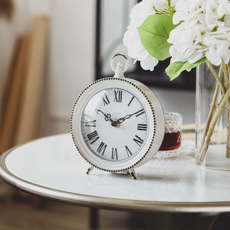 Horloge de table rétro avec poignée, horloge de bureau à tablette, conception rustique à piles, décoration chic, blanc vieilli