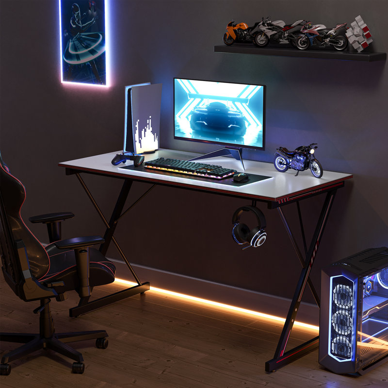 Ergonomic Desk Gaming Desk, White/Black, 28.1" H x 40" W x 19.7" D