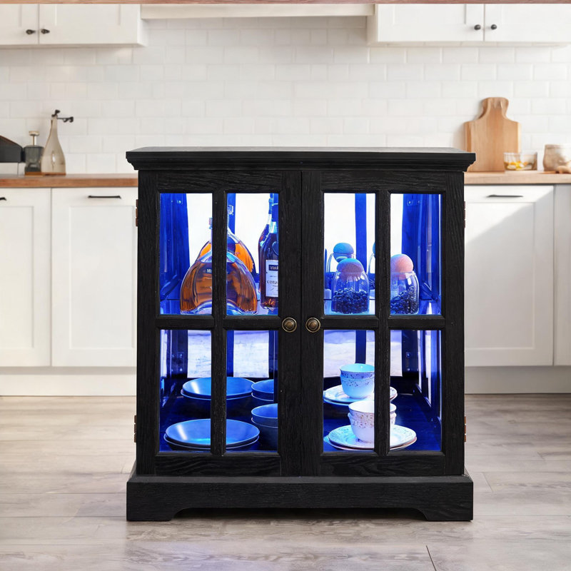 Armoire de rangement vitrée à DEL rétro noir profond, panneau de fibres à densité moyenne et verre avec portes réglables en treillis pour la décoration et l'organisation de la maison