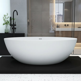 KAKUSIGA 67 Inch Freestanding Tub Solid Surface Stone Resin Free Standing Soaking Bathtub