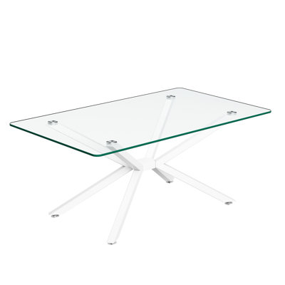 Modern Glass Coffee Table, 39.37" Sofa Coffee Table with Cross Metal Frame and Clear Glass Top, Rectangular Cocktail Centre Table for Living Room