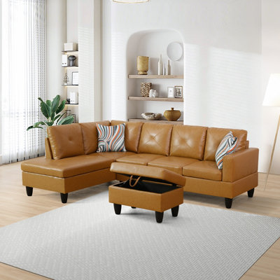 Ronan Faux Leather L-Shaped Sectional Sofa With Chaise And Storage Ottoman