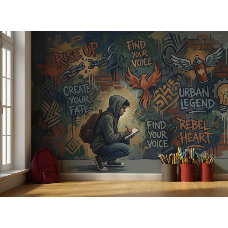 Papier peint graffiti brique, jeune homme énergique, Texturé non collé, 100 po x 96 po