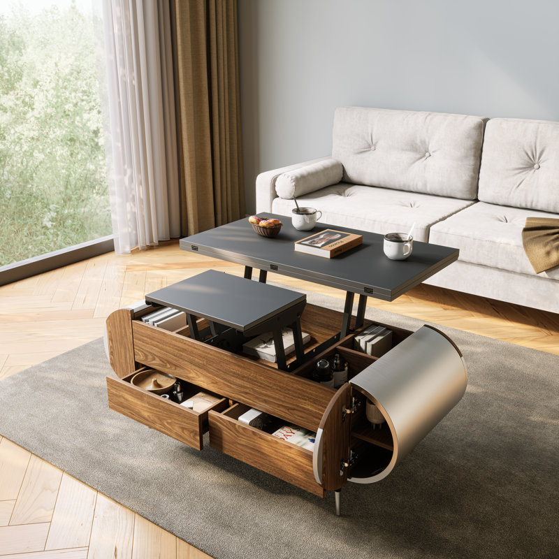 Table basse incurvée à plateau relevable avec rangement
