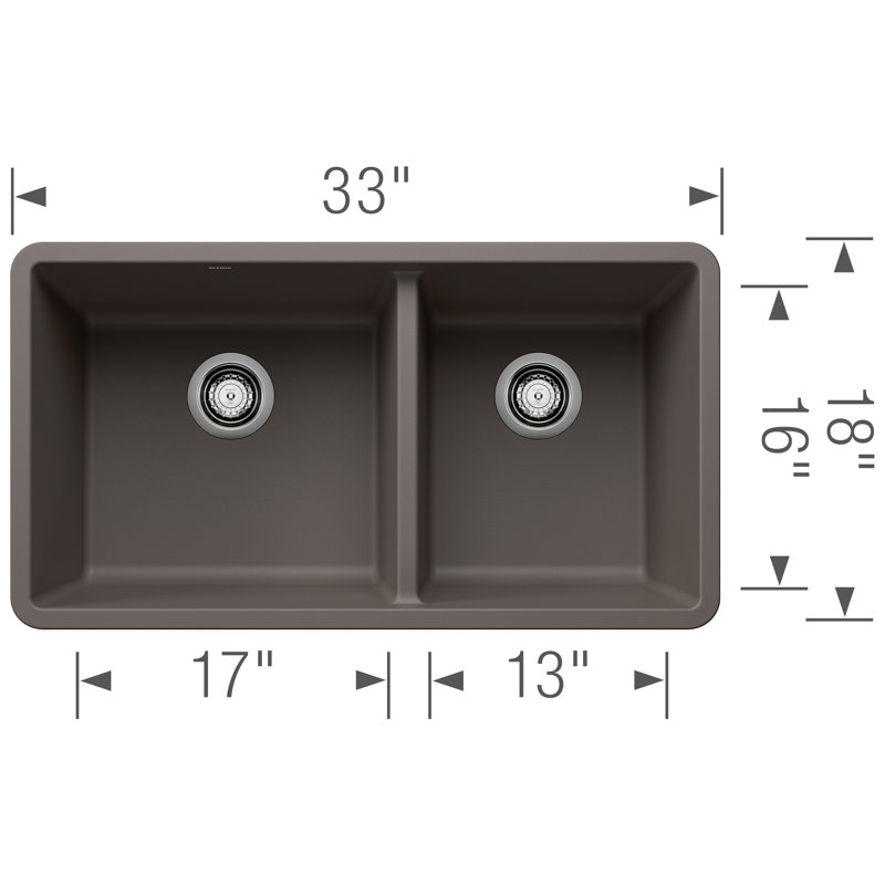 Precis SILGRANIT 33" 60/40 Double Bowl Undermount Kitchen Sink, Volcano Gray