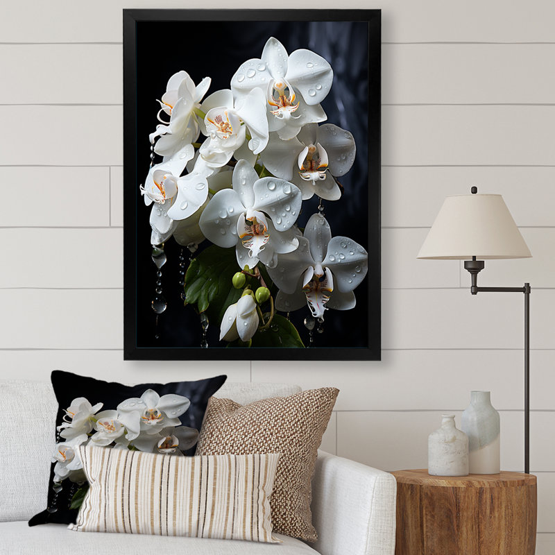 Pétales d'orchidées blanches élégantes sur toile, H 44 po x l 34 po x P 1,5 po, Cadre simple noir