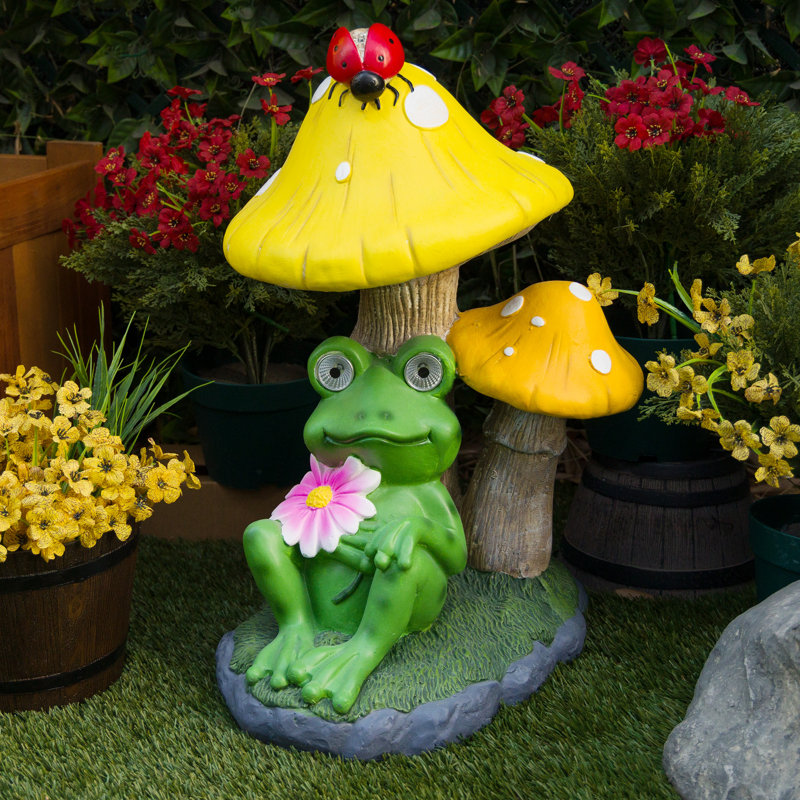 Statue de champignon grenouille 12 "avec yeux solaires pour jardin et pelouse, H 24 po x l 17 po x P 15 po