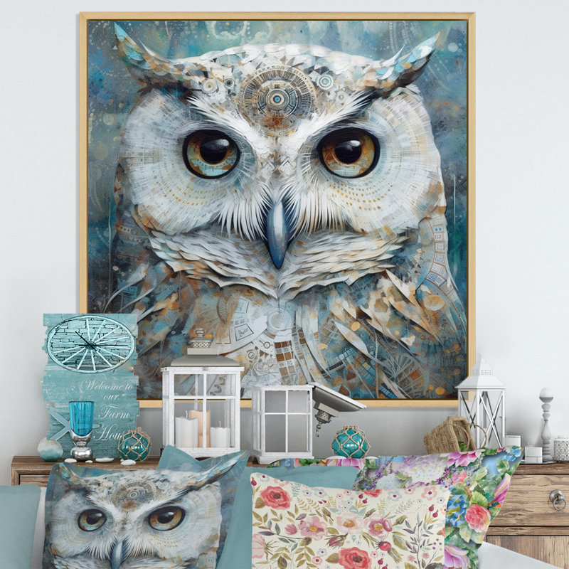 Portrait d'un hibou blanc tribal magique, H 24 po x l 24 po x P 1 po, Cadre naturel flottant