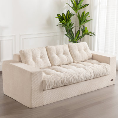 3 Seater Couch For Living Room, Boneless Couch With Tufted Cushion & Backrest, Upholstered Floor Sofa With Armrests