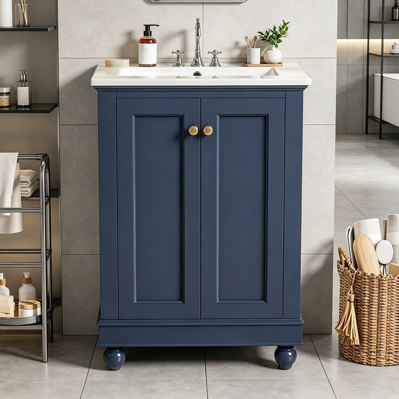 Meuble-lavabo moderne de 24 po de conception simple et élégante avec rangement à fermeture en douceur, tablette réglable, meuble-lavabo avec lavabo en céramique