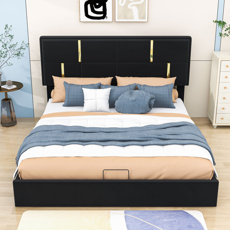 Lit plateforme tapissier avec rangement Hristofer, Grand, Noir