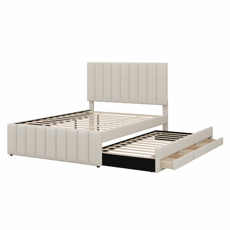 Lit plateforme tapissier avec lit gigogne et 3 tiroirs, Beige