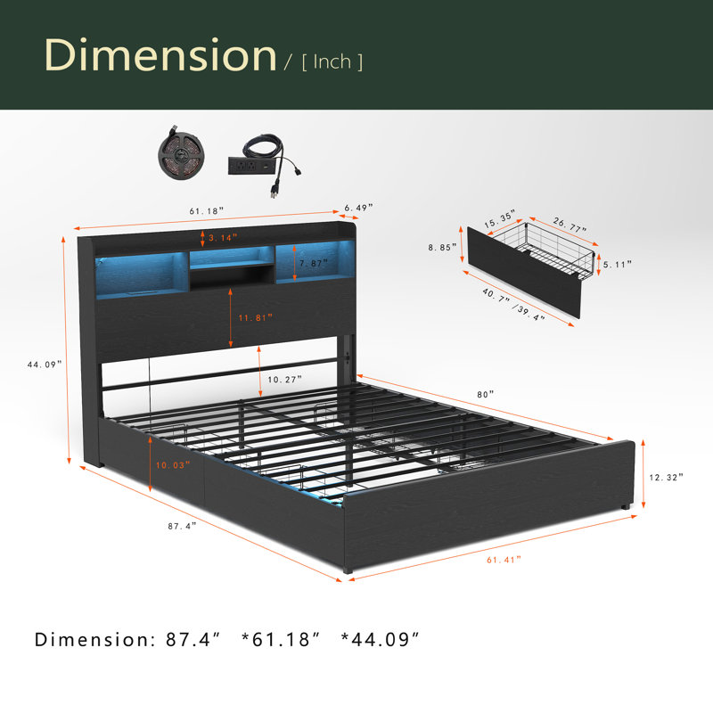 Cadre de lit avec 4 tiroirs de rangement Cadre de lit avec tête de lit et tablette de rangement, lit de rangement avec DEL et station de charge, pas de bruit, pas de sommier nécessaire