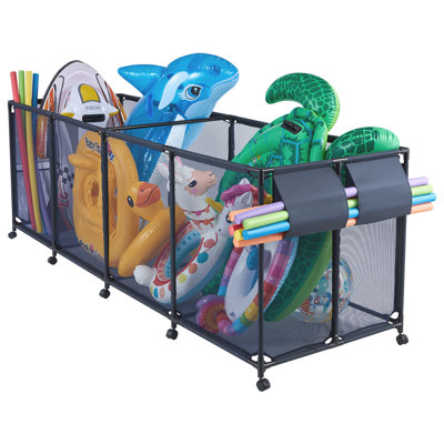 Bac de rangement pour piscine, 103 x 32 x 35 po, organisateur de rangement flottant pour piscine avec poches latérales et porte-nouilles, cadre en métal durable, panier en filet respirant pour piscine