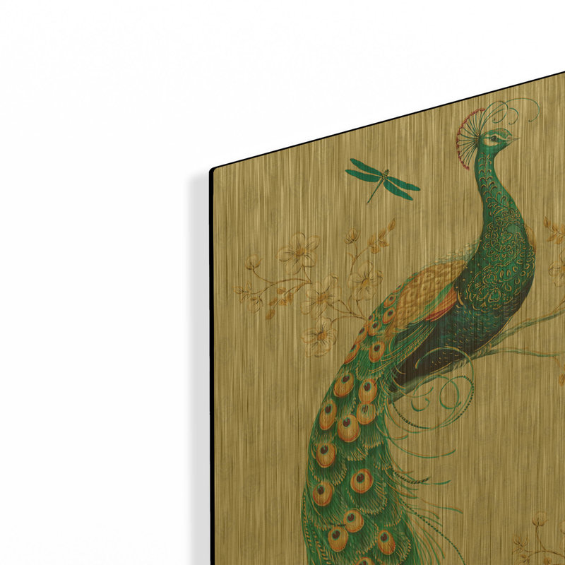 «Ornate Peacock IXA» par Daphne Brissonnet, art mural en métal doré, 16 po x 24 po, 16"x24"