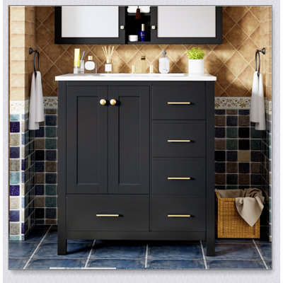 Ensemble de meuble-lavabo 30 po avec lavabo en céramique, armoire de rangement en bois massif, ensemble de meuble-lavabo autoportant avec 4 tiroirs et portes à fermeture douce, noir