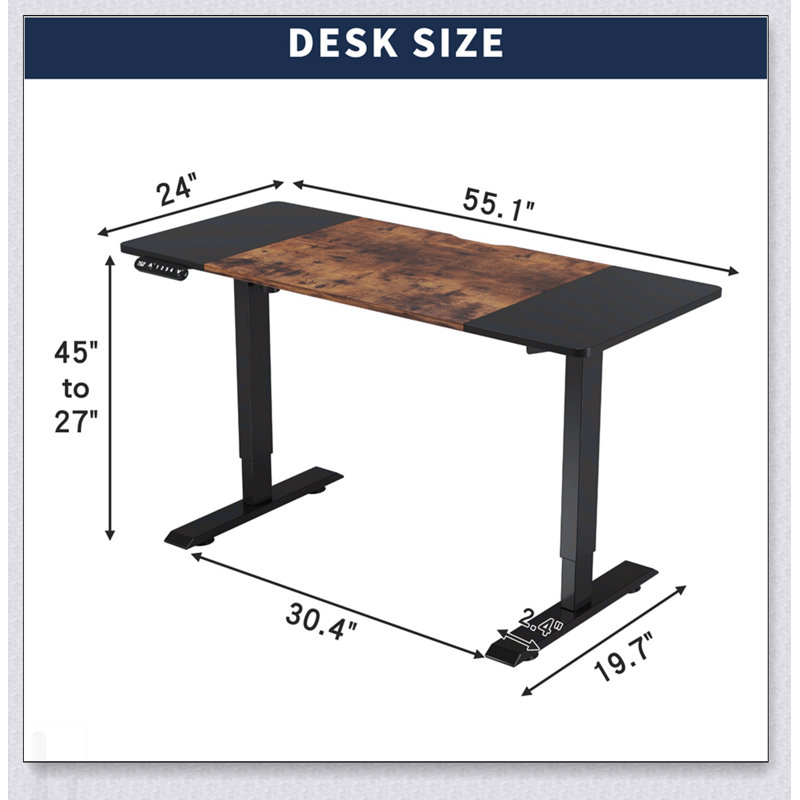 Bureau électrique debout avec fonction réglable en hauteur, noir et brun rustique, idéal pour la maison et le bureau, design moderne et durable